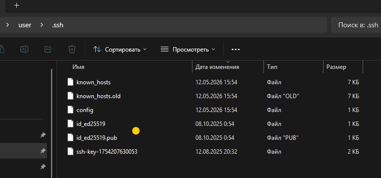 Папка .ssh в профиле Windows — здесь лежат id_ed25519 и id_ed25519.pub